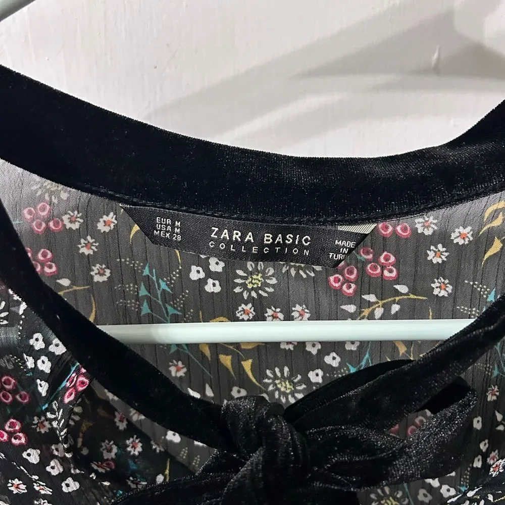 Zara Black Floral Dress with Velvet Bow